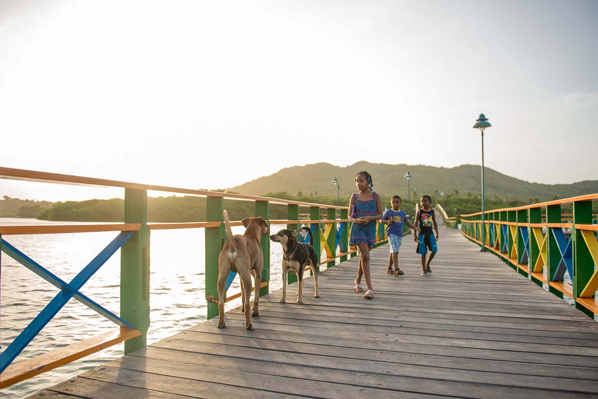 Kids and dog walking on a bridge - Anguilla